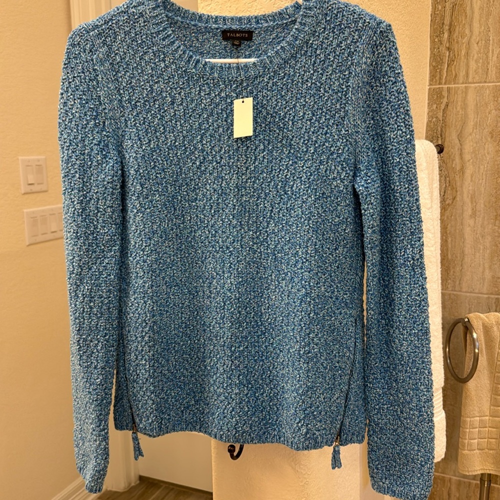 NWT Talbots Crewneck Sweater Thick Tight Knit Zipper Accent Blue Size XS